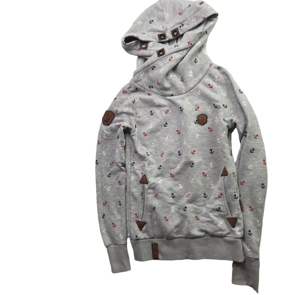 NAKETANO Hoodie Hooded Sweatshirt, Drawstring.  Gray with Red, White, and Blue A